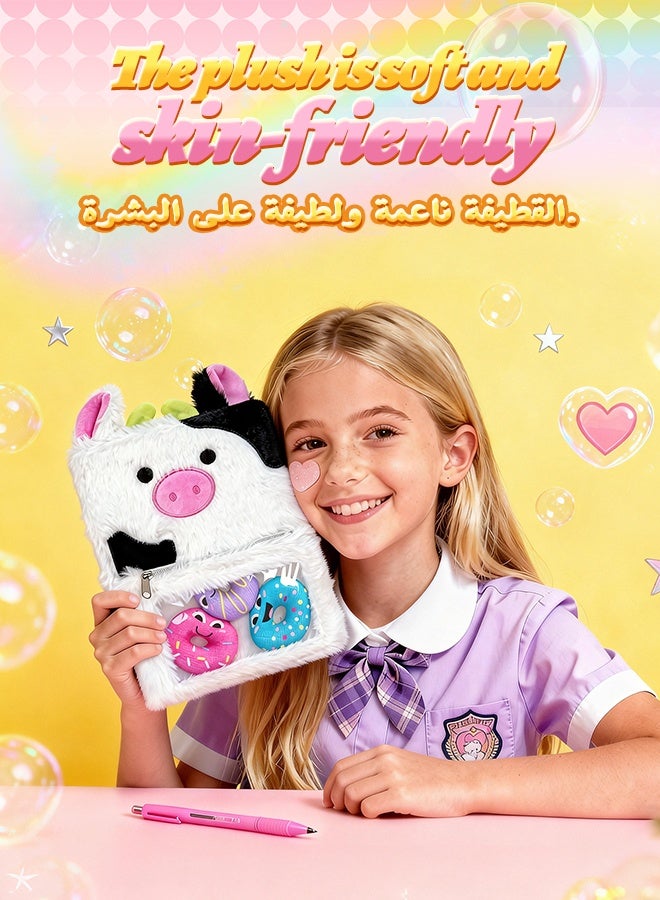 SOOO GOOD Kids Cow Plush Notebook with Fluffy Soft Cover,Cute Black and White Design Journal,Kids Diary with 3 Mini Donut Toys,80 Pages Writing Diary Gift for Girls and Boys - Image 2